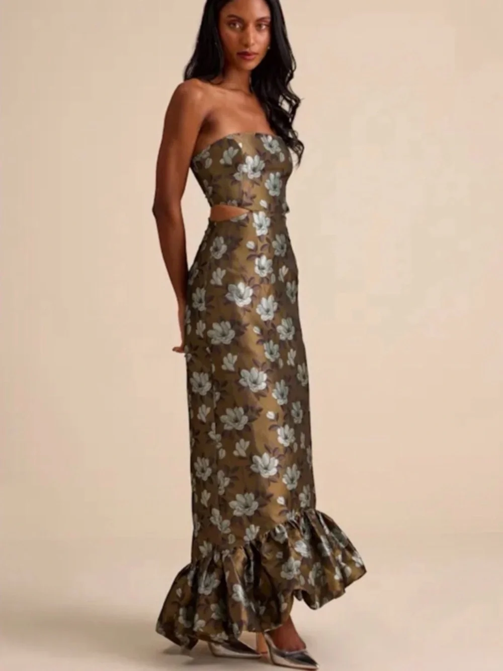Lulu's Olive Floral Strapless Maxi Dress with Silver Flowers - Picture 2 of 3